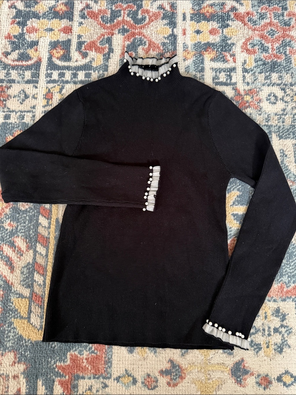 Brand New Black Long-Sleeve Knit Ribbed Sweater with Pearl-Trim Mock Neck